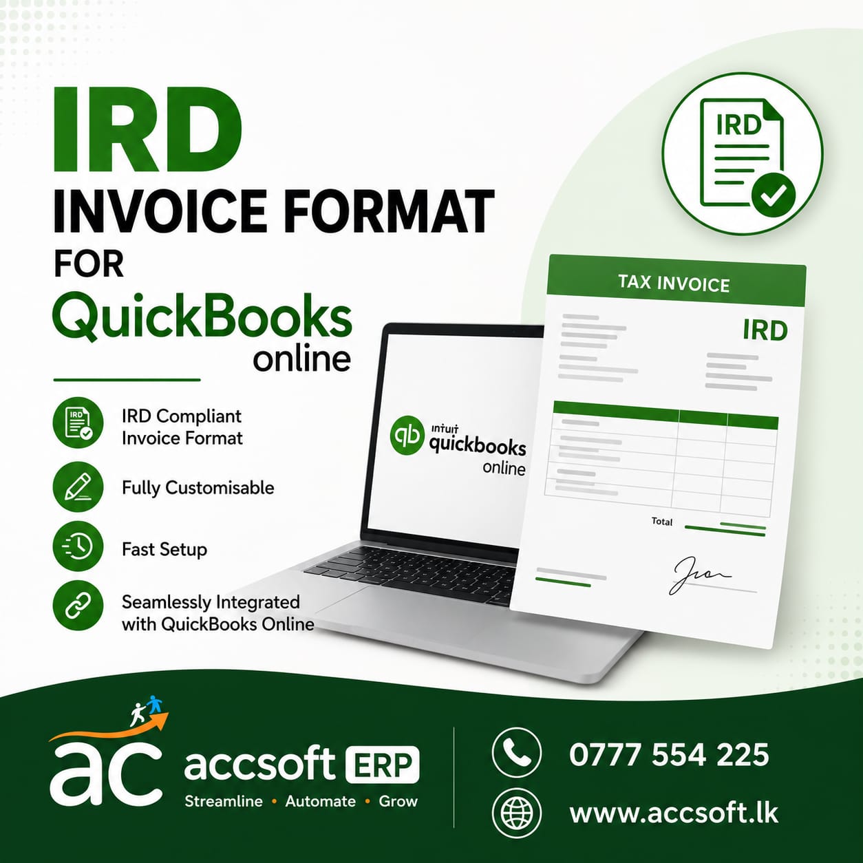 IRD-compliant, fully customisable invoice format for QuickBooks Online with AccSoft ERP add-ons in Sri Lanka