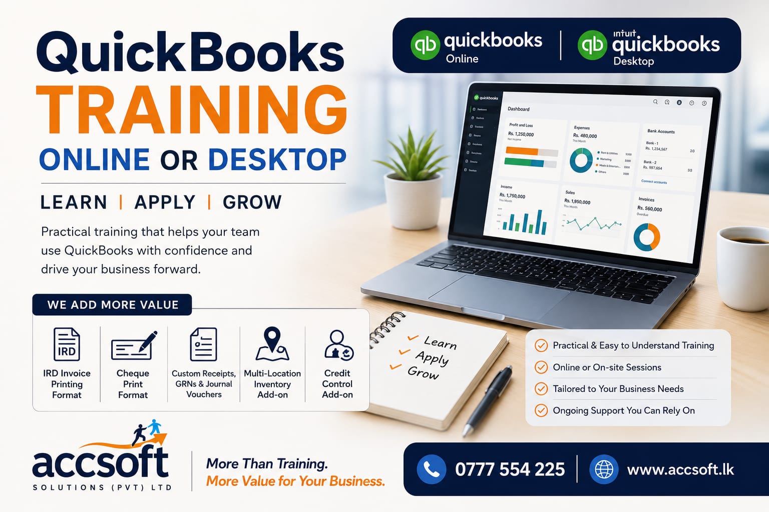 QuickBooks Online and Desktop training in Sri Lanka with AccSoft Solutions — IRD invoice printing, cheque printing and add-ons