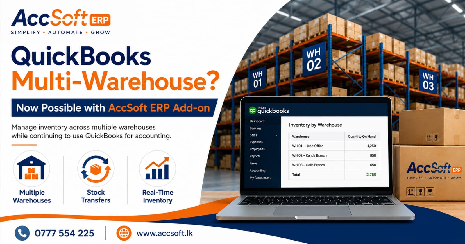 QuickBooks multi-warehouse inventory management for Sri Lankan businesses with the AccSoft ERP add-on