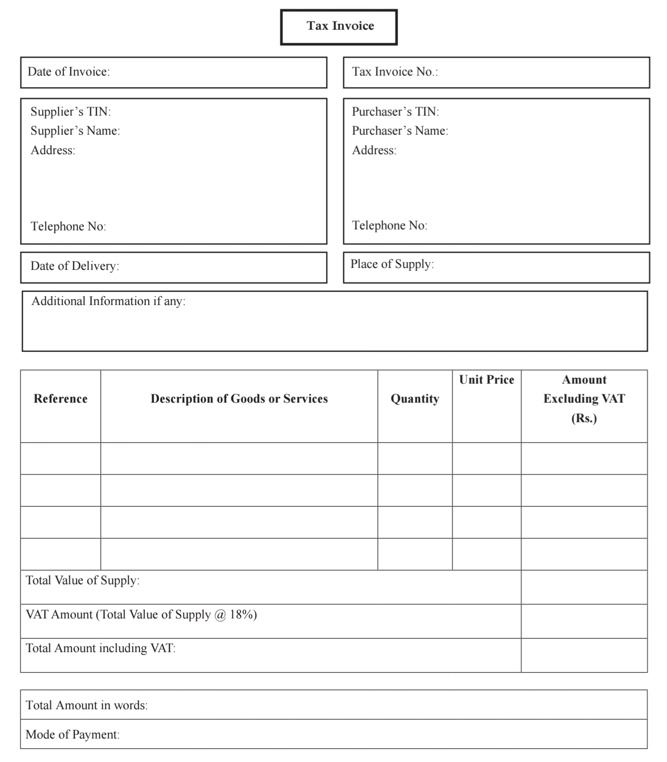 IRD tax invoice format template Sri Lanka VAT compliant invoice example