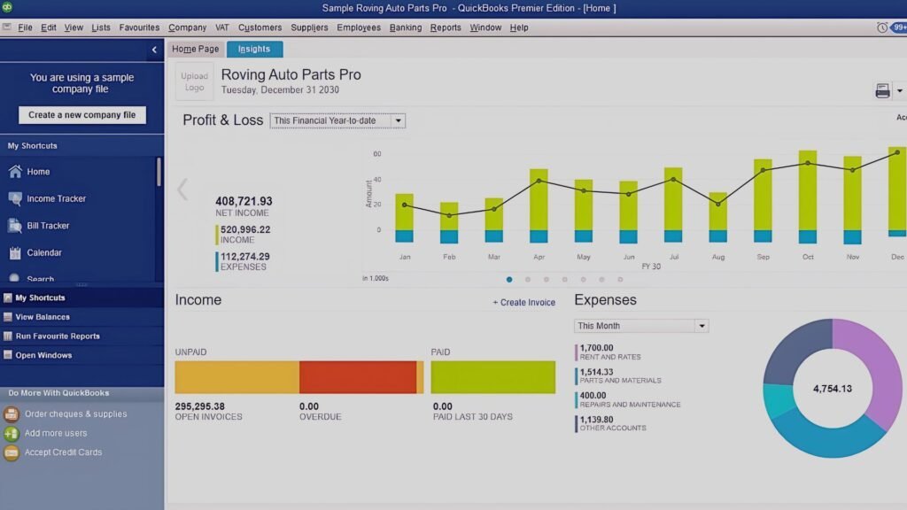 QuickBooks sample dashboard